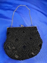 Vtg Beaded Black Art Deco Clam Shell Kisslock Clutch evening bag purse - $46.74