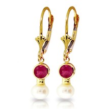 5.2 Carat 14K Solid Yellow Gold Leverback Earrings Natural Pearl Ruby - $394.04