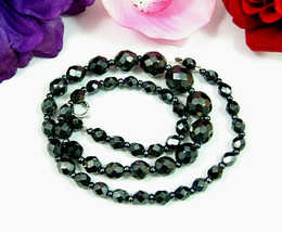 Mirrored Black Glass Bead Necklace Vintage Crystal Graduated Faceted Beaded 18&quot; - £19.97 GBP