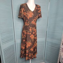 Sag Harbor Long Dress ~ Sz 8 ~ Short Sleeve ~ Brown ~ Floral ~ Shoulder Pads - £20.80 GBP