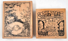 Two Large Winter Scene Stone Fireplace Rubber Ink Stamp Card Crafting Christmas - £9.59 GBP