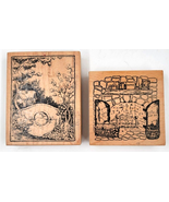 Two Large Winter Scene Stone Fireplace Rubber Ink Stamp Card Crafting Ch... - £9.38 GBP