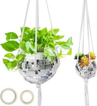 (4) 7&quot; Hanging Mirror Ball Planter Pot With Macrame Cotton Rope Plant Hanger, - £26.07 GBP