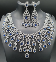 Bollywood Style Silver Plated Indian CZ Necklace Earrings Blue Jewelry Set - £113.63 GBP