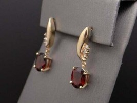 2.40Ct Oval Cut CZ Red Garnet Drop/Dangle  Earrings  14K Yellow Gold Plated - £128.19 GBP