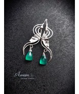 Butterfly Wing Green Chalcedony Earrings in Silver, Art Nouveau Style - $48.00