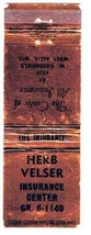Matchbook Cover Herb Velser Insurance Center West Allis Wisconsin - £0.55 GBP