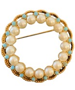 Vintage Signed “Keyes” Faux Pearls and Turquoise Round Stones Gold Tone  - $45.00