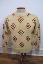 Vtg Cesarani L Yellow Geo Intarsia Diamond Crew Neck 100% Wool Sweater - £45.55 GBP