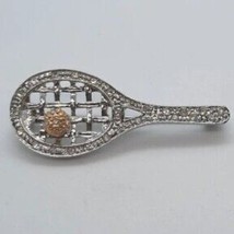 Vintage Gold and Silver with Rhinestones Tennis Racket Brooch Signed Rom... - £15.86 GBP