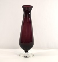 Purple Plum Glass Narrow Bud Vase Clear Base Midcentury Vtg 8.5&quot; - £22.92 GBP