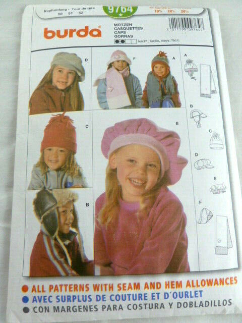 Burda 9764 Childrens Kids Caps Hats Winter Circumference 19 3/4, 20 1/4, 20 1/2 - $8.90
