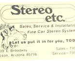 Stereo Etc Electronics Vintage Business Card Tucson Arizona  - £3.90 GBP