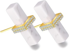 Natural Stone Stud Earrings for Women Girl Micro Inlaid AAA+ Zircon 925  (Whtie) - £10.06 GBP