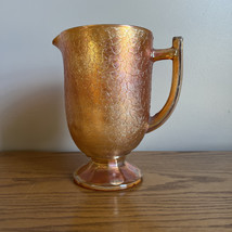 Vintage Jeannette Iridescent Crackle Marigold Carnival Glass Pitcher 8&quot; - $20.57