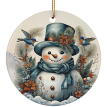 Cute Snowman Snowy Winter Flower Wreath Art Christmas Retro Ornament Gift Decor - £12.19 GBP