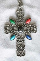 Avon Fabulous Baroque Silver-tone Cross Pendant Necklace vintage 24&quot; x 3&quot; - £10.37 GBP