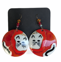 Ritchart Handcrafted Artisan Ceramic Lucky Cat Round Earrings Dangle Disc 1.5&quot; - £18.28 GBP