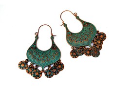 Gypsy Vintage Earrings, Verdigris Patina Earrings, Antique Copper Hoops - £13.36 GBP