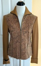 MYTHOLOGY Camel Brown Sueded Leather Leopard Print Zip Up Sweater Jacket... - $24.40