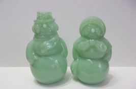 Fenton Glass Jadeite Jade Green Snowman &amp; Snow Woman Figurine Pair Mosser Made - £123.67 GBP