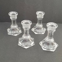 4 Clear Glass Taper Candleholders Set Hexagon Pillar Base 4&quot; Tall - $7.92