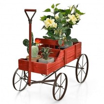 Wooden Wagon Plant Bed With Wheel for Garden Yard-Red - Color: Red - £60.62 GBP