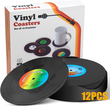 Vinyl Record Drink Coasters with Holder Set of 12, Retro Black Coasters Set for - £19.55 GBP