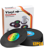 Vinyl Record Drink Coasters with Holder Set of 12, Retro Black Coasters ... - $24.47