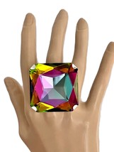 Statement Adjustable Party Stage Ring Heavy Square Iridescent Vitrail Crystal - £17.11 GBP