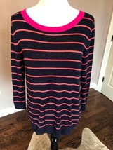 NWT HALOGEN Cotton Blend Navy Coral Horizontal Striped Knit Top Sweater ... - £38.41 GBP