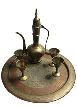 Antique Traditional Arabic Turkish Persian Solid Brass Dallah Pot Tray &amp;... - $50.49