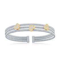 Sterling Silver CZ Heart Triple Wire Bangle, Bonded with 14K Gold Plating - £212.40 GBP