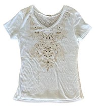 Miss Me  Women’s Large Cream Tan Shirt Faux Embroidered Embellished Top EUC - $23.76