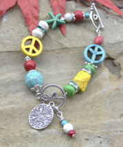 colourful bracelet, Peace sign bracelet, Turquoise, Silver Charms Bracelet (B64) - £11.98 GBP