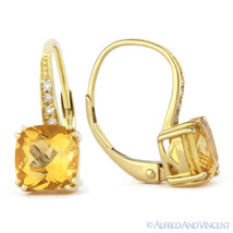 1.64ct Cushion Cut Yellow Citrine &amp; Diamond Leverback Dangling Earrings 14k Gold - £307.72 GBP