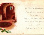 A Merry Christmas Fireplace Cabin Scene Holly UNP Unused DB Postcard E12 - $3.51