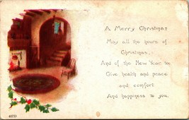 A Merry Christmas Fireplace Cabin Scene Holly UNP Unused DB Postcard E12 - £2.76 GBP