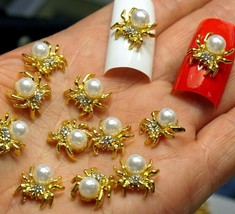 10 PEARL SPIDER CHARMS GOLD METAL RHINESTONE SPIDERS 3D NAIL ART SMALL G... - £9.58 GBP