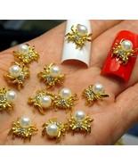 10 PEARL SPIDER CHARMS GOLD METAL RHINESTONE SPIDERS 3D NAIL ART SMALL G... - £9.40 GBP