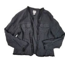 Chicos Linen Blazer Jacket Sz 1 Medium Black Long Sleeve Open Front Ruff... - £18.59 GBP