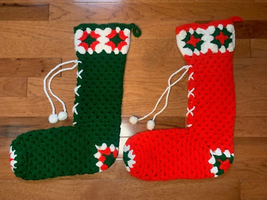 Vintage handmade crochet Christmas Stocking set 18&quot; - £43.93 GBP