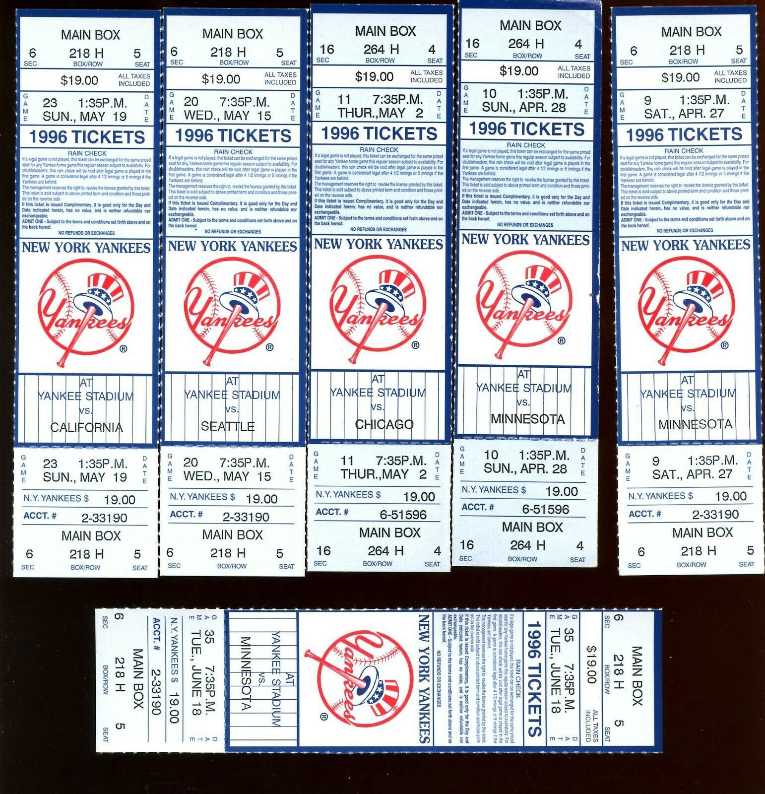 1996 World Champion New York Yankees New Full Unused Tickets  - $10.00