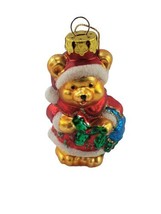 Christmas Glass Golden Bear Teddy Ornament with Santa Outfit Glitter Holiday  - £11.08 GBP