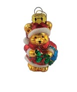 Christmas Glass Golden Bear Teddy Ornament with Santa Outfit Glitter Hol... - £11.05 GBP