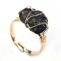 Natural Stone Crystal Ring Gold Wire Wrap Irregular black Quartz Adjustable - £10.82 GBP