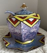 Vintage Hand Painted Japan Lusterware Sugar Pot Jar Cubist Geometric Design - £75.83 GBP