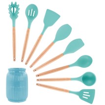 MegaChef Light Teal Silicone and Wood Cooking Utensils, Set of 9 - £50.28 GBP