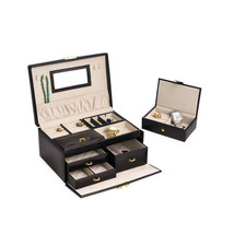 Bey-Berk International Black Leather 2 Level Jewelry Box with 3 Drawers ... - $274.50