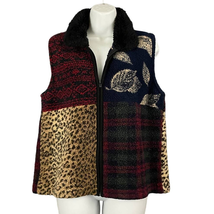 VTG Faux Fur Collar Vest Sweater MEDIUM Multi Pattern Full Zip Tally Ho ... - $26.09